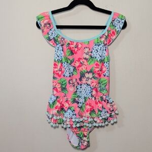 Betsey Johnson One-Piece Swimsuit Pink Blue Floral Ruffle Pom-Pom Trim Size M 10